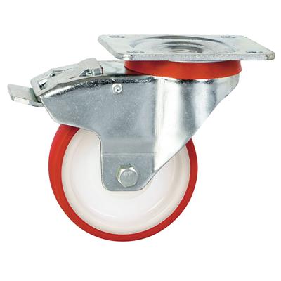 100mm Braked Swivel Plate Castor Red Polyurethane