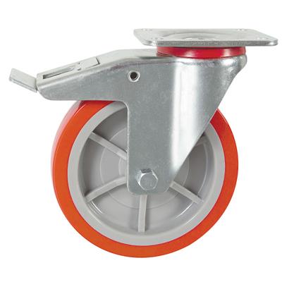 150mm Braked Swivel Plate Castor Red Polyurethane